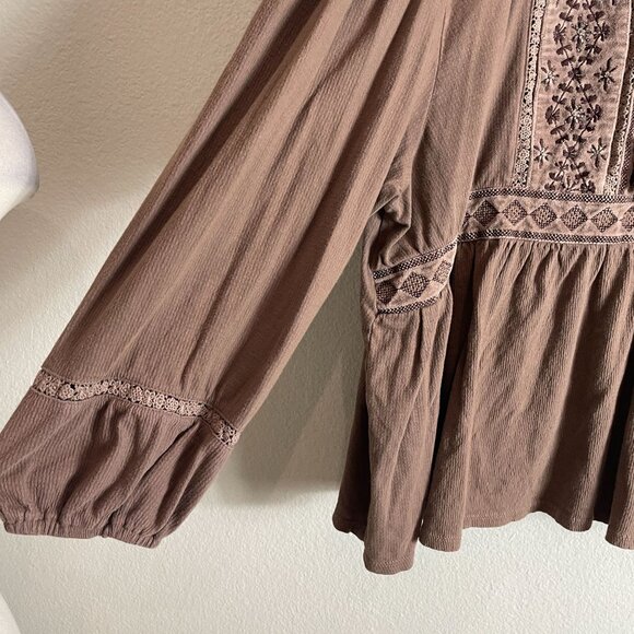 Lucky Brand Womens XL Embroidered Peasant Blouse Brown Long Sleeve Boho Shirt - Picture 12 of 12